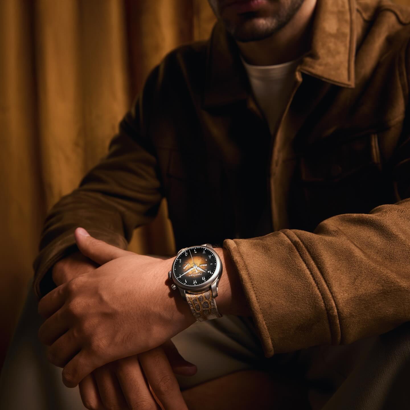 Monograph Pumpkyn dial detail in warm golden light