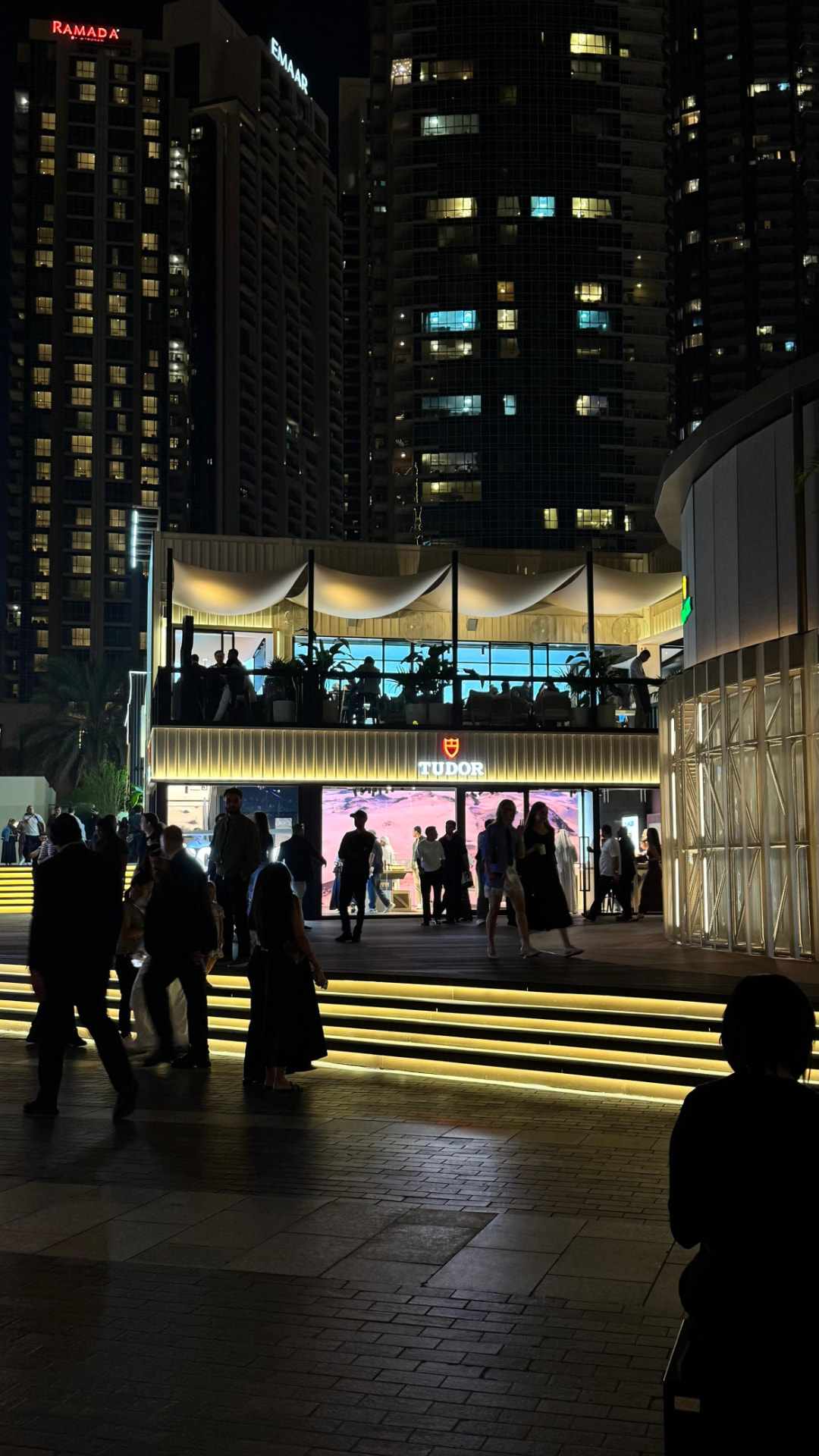 Tudor pavilion at night during Dubai Watch Week 2025